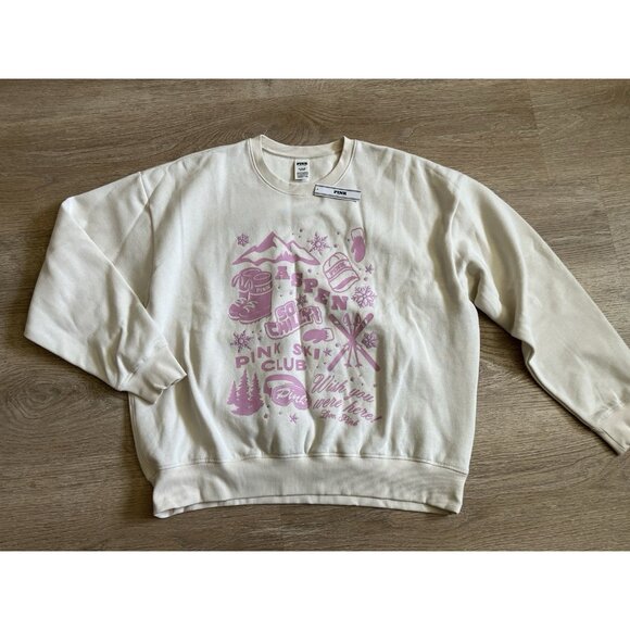 Pink Victoria Secret Winter Graphic Sweatshirt Off White XL Aspen Ski Boots - Picture 2 of 8